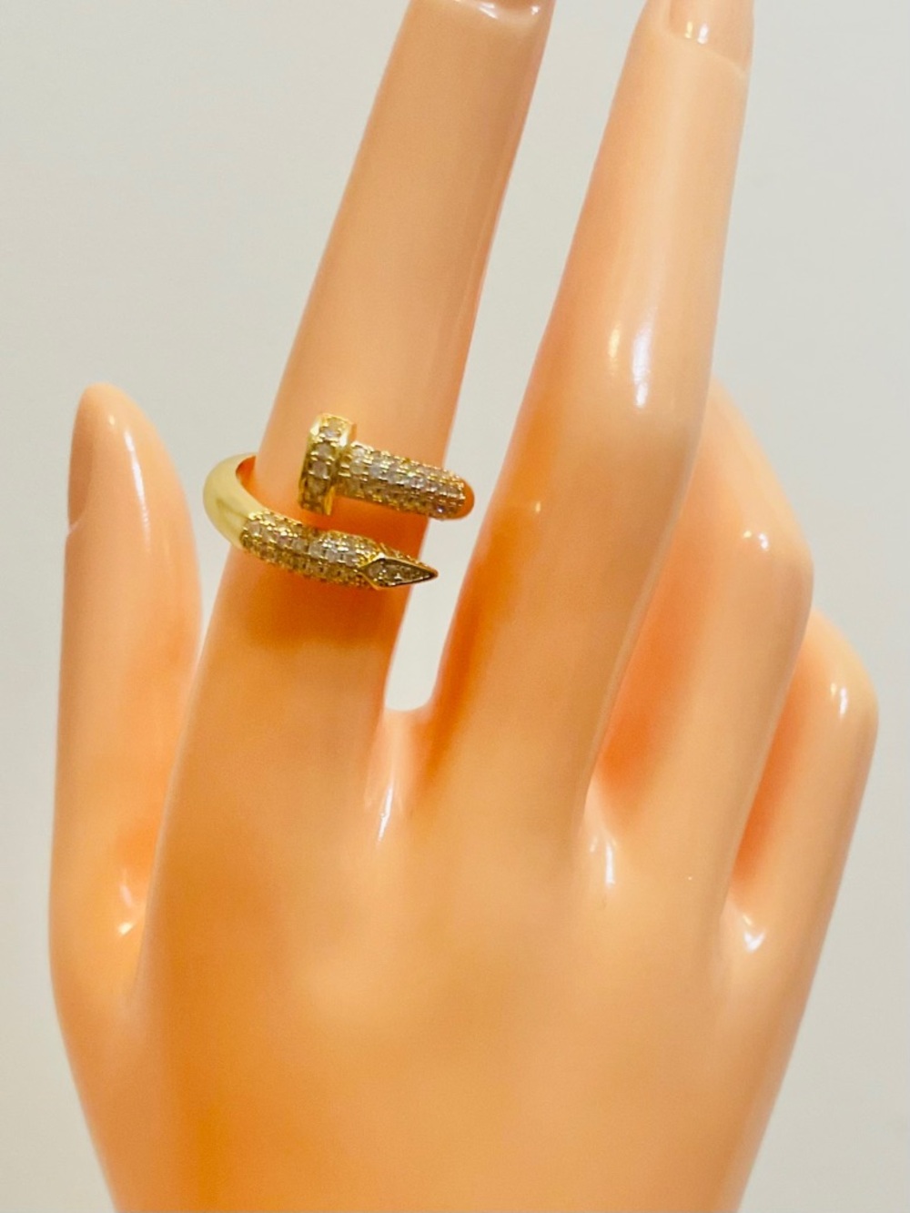 Iced Out Yellow Gold Filled Adjustable Nail Wrap Ring Designer Inspired NWOT - Picture 3 of 7